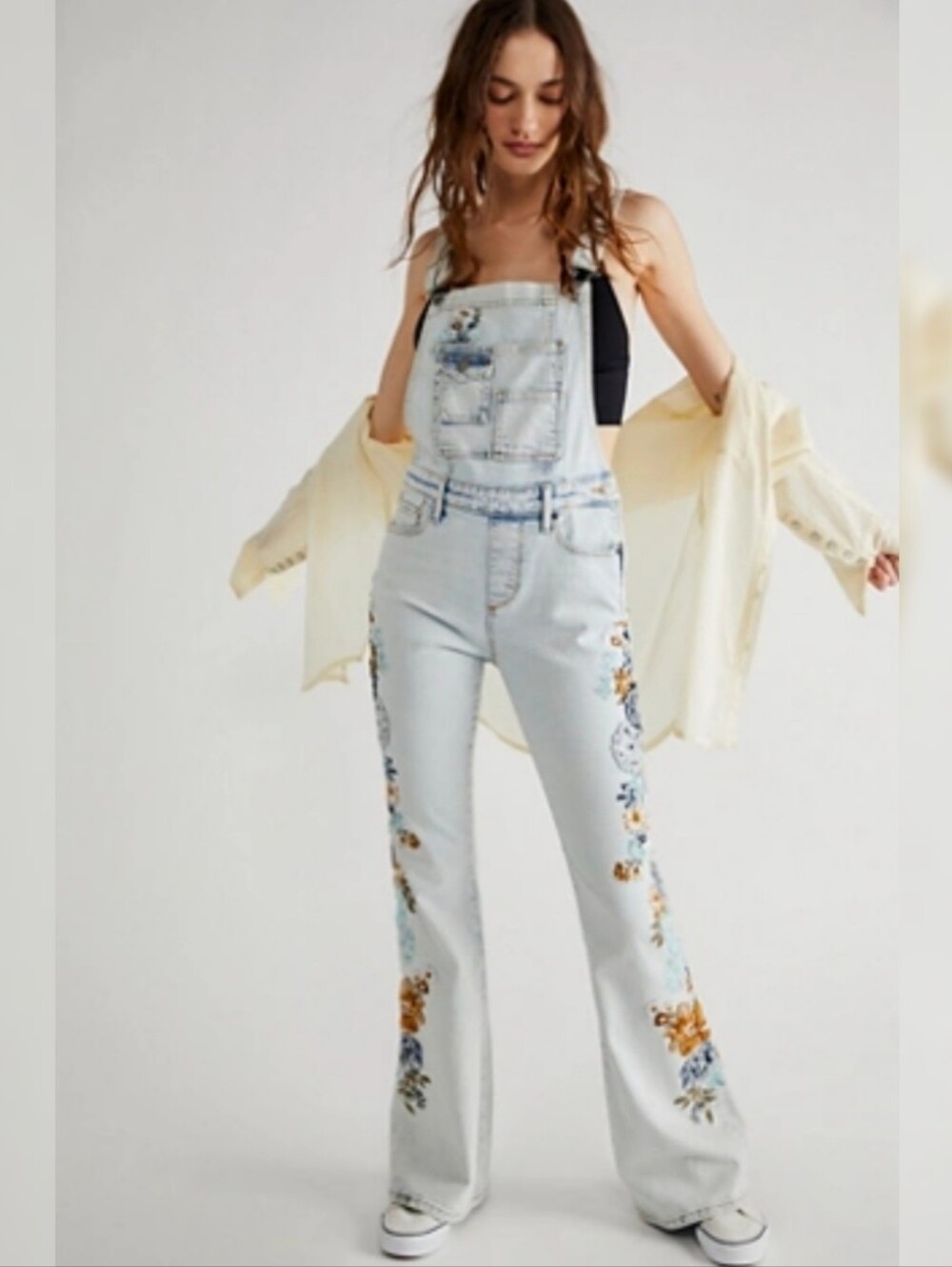 Free People X Driftwood Farrah Floral Embroidered Denim Overalls Women's XL